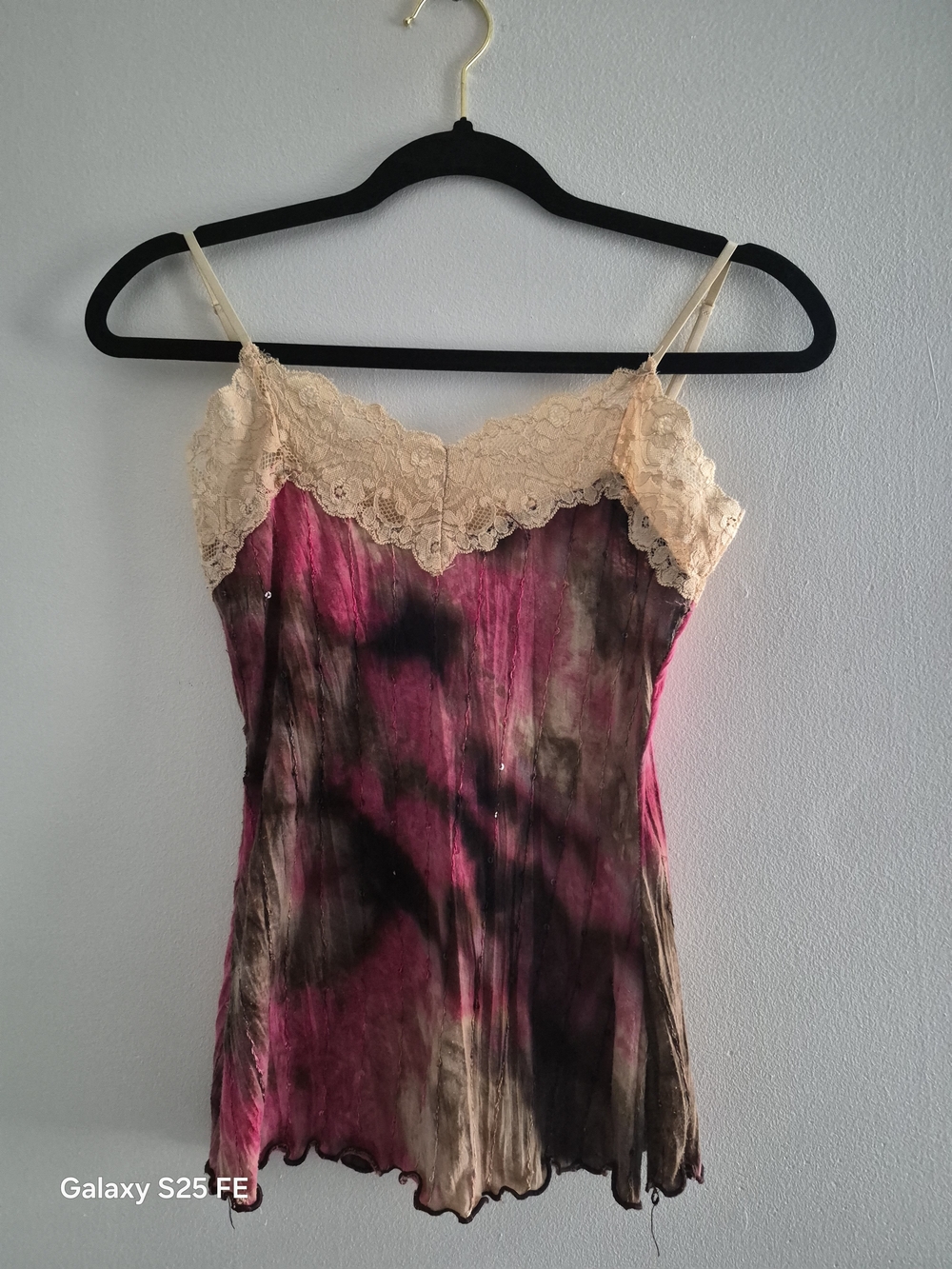 Pink Tie-Dye Lace-Trim Camisole with Cream Lace